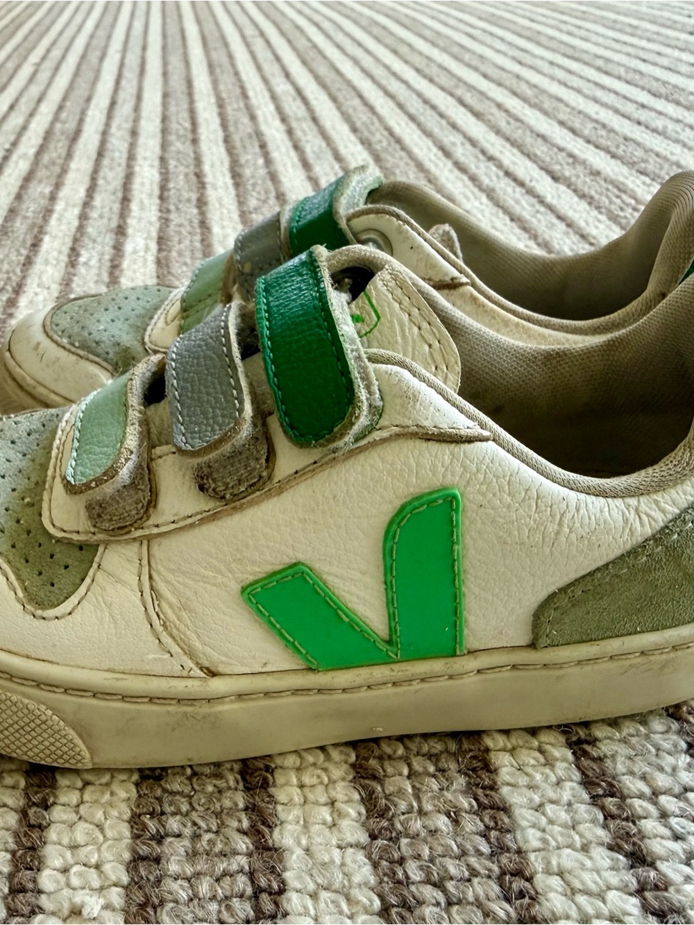 Veja Kids White Leather Sneakers with Green V and Strap Accents